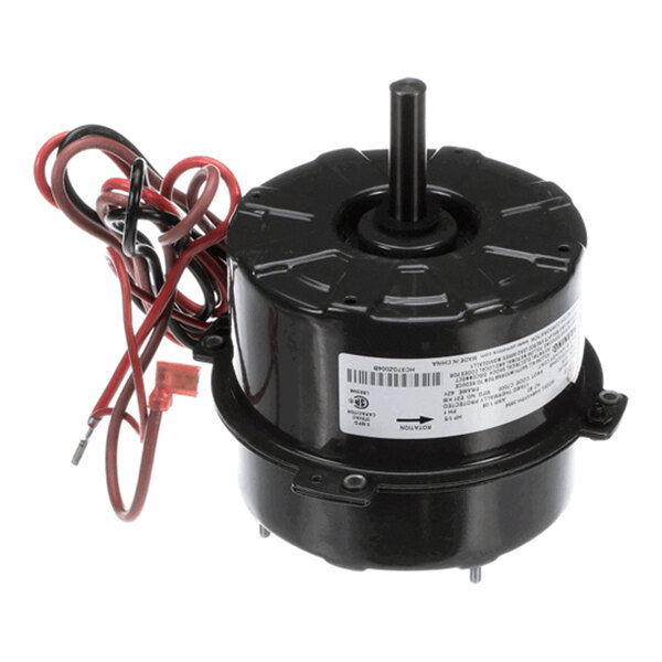 A black cylindrical electric motor with a central shaft and attached red and black wires.