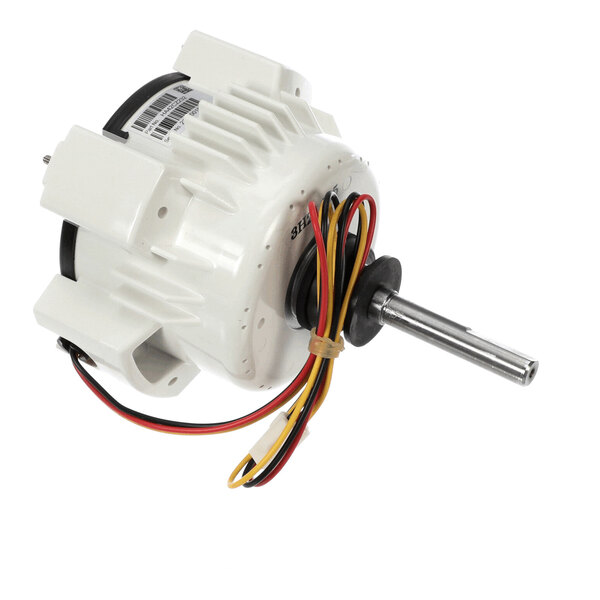 A white cylindrical electric motor with a short metal shaft and several colored wires attached.