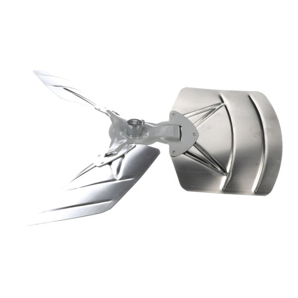 A metallic three-blade fan propeller with a central mounting hub and a slightly curved design.