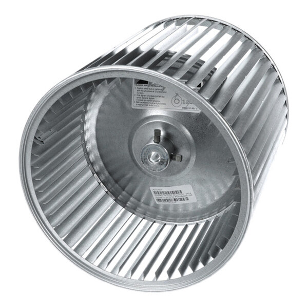 A cylindrical metal blower wheel with evenly spaced blades and a central mounting hub.
