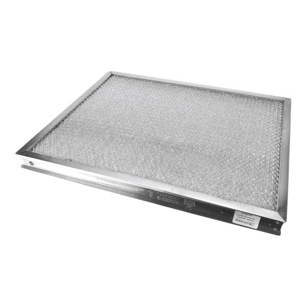 A rectangular metal mesh filter with a sturdy frame, lying flat on a white background.