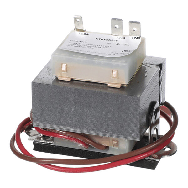 A metal-cased electrical transformer with exposed wiring and three metal terminals on top.