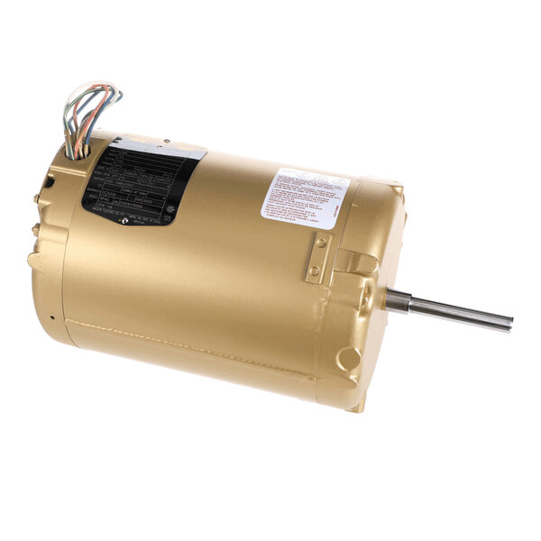 A gold-colored cylindrical electric motor with a protruding shaft and several wires extending from one end.