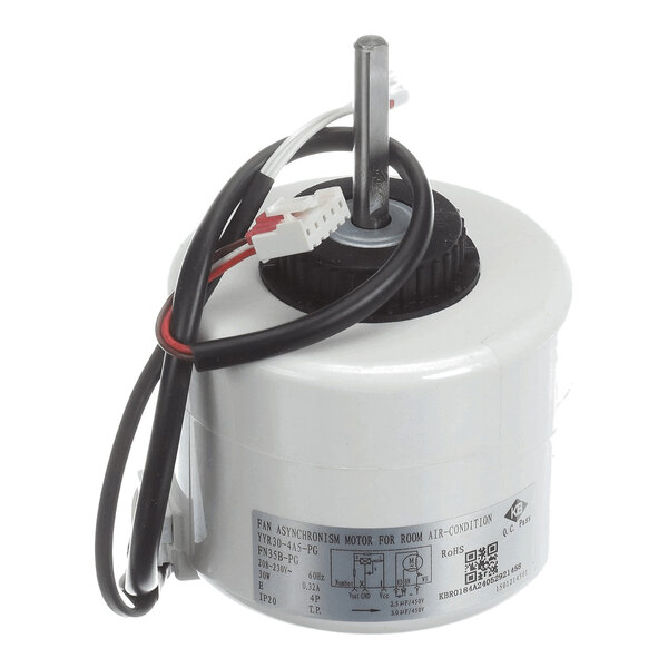 A cylindrical electric motor with attached wires and a central metal shaft, featuring a label with technical specifications.