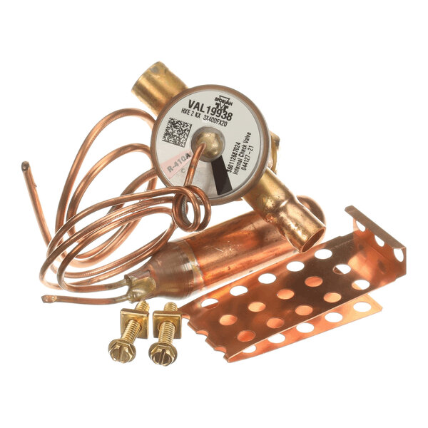 A copper valve assembly with coiled tubing, a mounting bracket with holes, and two brass screws.