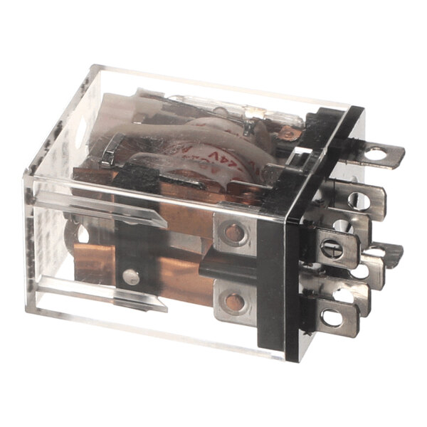 A transparent rectangular relay with visible metal contacts and terminals on one end.