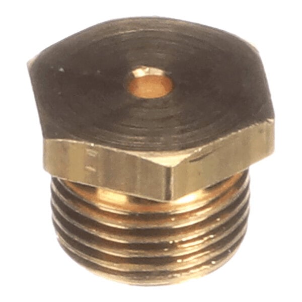 A close-up view of a brass hexagonal threaded orifice with a small central hole.