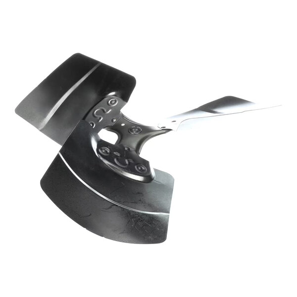 A metallic, three-blade fan component with a central mounting hub and curved blades.