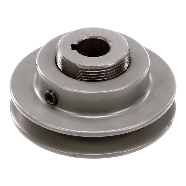 A metal pulley wheel with a central hole and a set screw, designed for mechanical or industrial use.