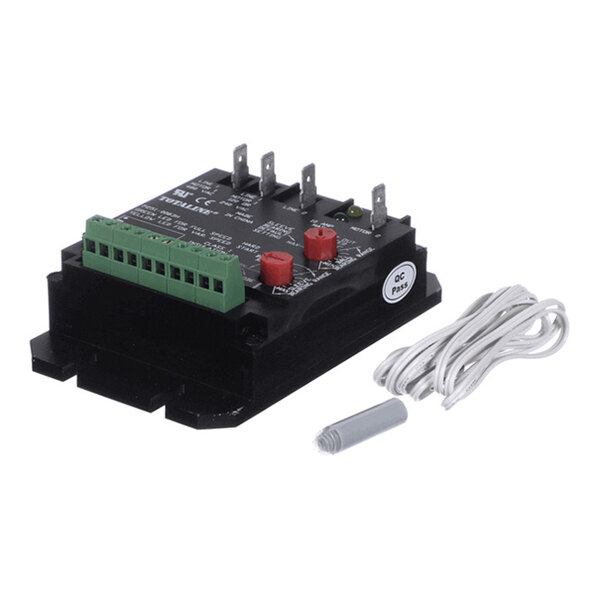 An electronic control module with multiple terminal connectors, adjustment knobs, and an attached sensor with a long white cable.