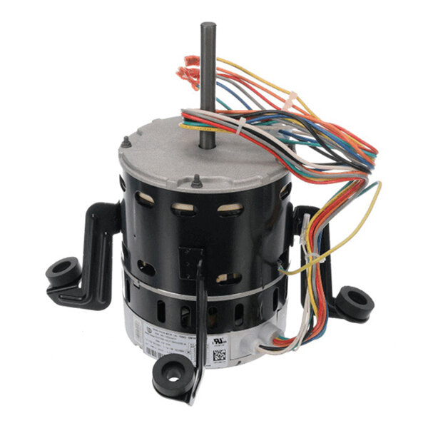 A cylindrical electric motor with a central shaft, multiple colored wires, and mounting brackets.