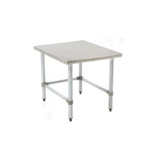 A white square table with metal legs.