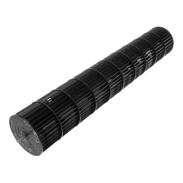 A cylindrical, black, slatted fan assembly with a metal shaft protruding from one end.