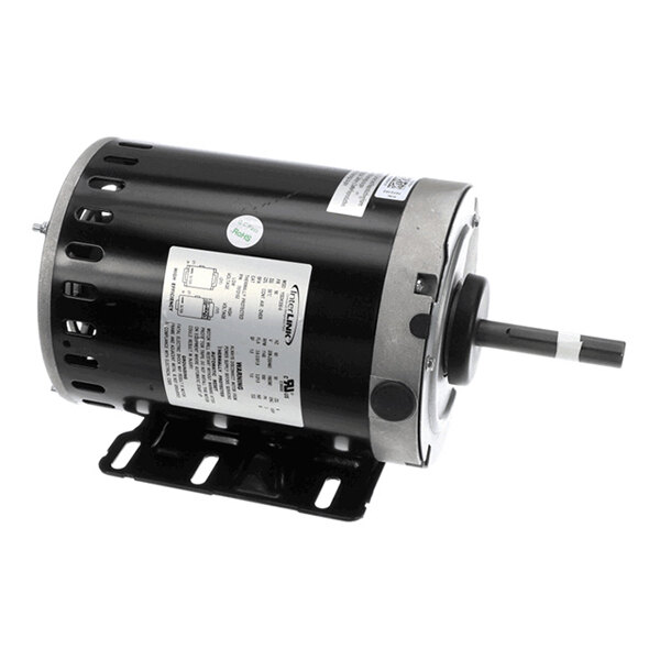 A cylindrical black and silver electric motor with a mounting bracket and a protruding shaft.