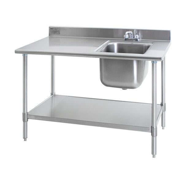 Eagle Group T3048SEB-BS-E23 30" x 48" Stainless Steel Deluxe Work Table with Sink - Sink on Right