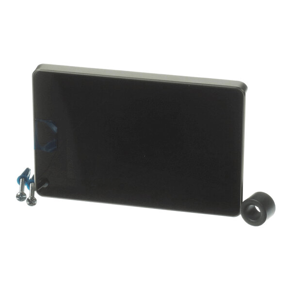 A rectangular black device with rounded edges, accompanied by two screws and a small cylindrical component.