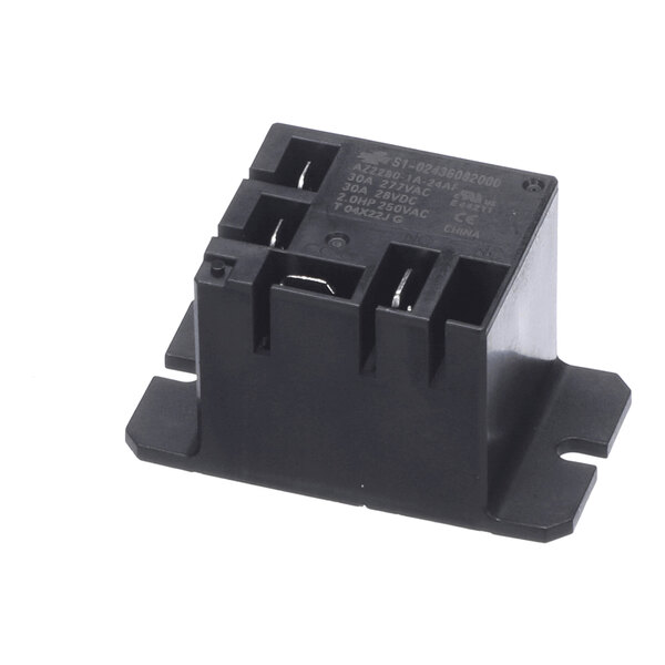 A black rectangular electrical relay with multiple metal terminals and mounting flanges on each side.