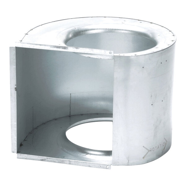 A metallic, cylindrical blower housing with a rectangular opening and circular cutouts on the top and bottom.