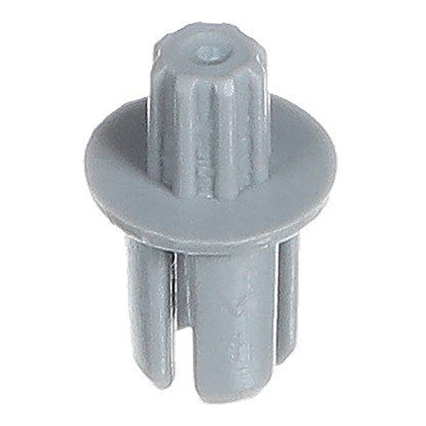 A gray plastic component with a round flange and vertical ridges, featuring a central shaft and split lower section.