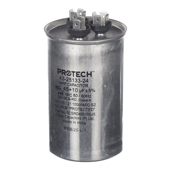 A cylindrical metallic capacitor with labeled specifications and three electrical terminals on top.