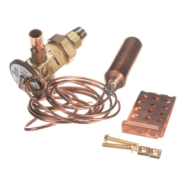 A brass and copper thermal expansion valve assembly with coiled tubing, a cylindrical component, a perforated copper mounting bracket, and two screws with a small metal plate.