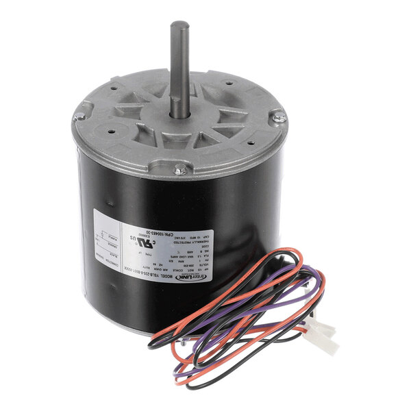 A cylindrical electric motor with a central shaft and several colored wires extending from its base.