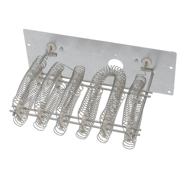 A metal mounting plate with several large coiled heating elements attached, supported by ceramic insulators.