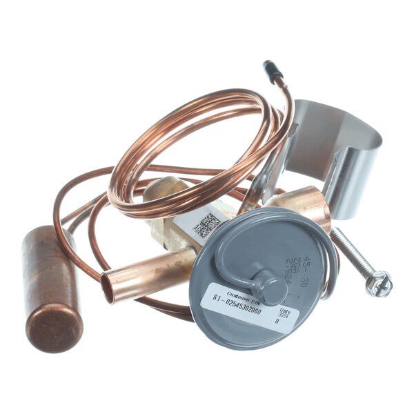 A coiled copper tube assembly with a cylindrical component, a round gray cap, and a metal bracket with a screw.