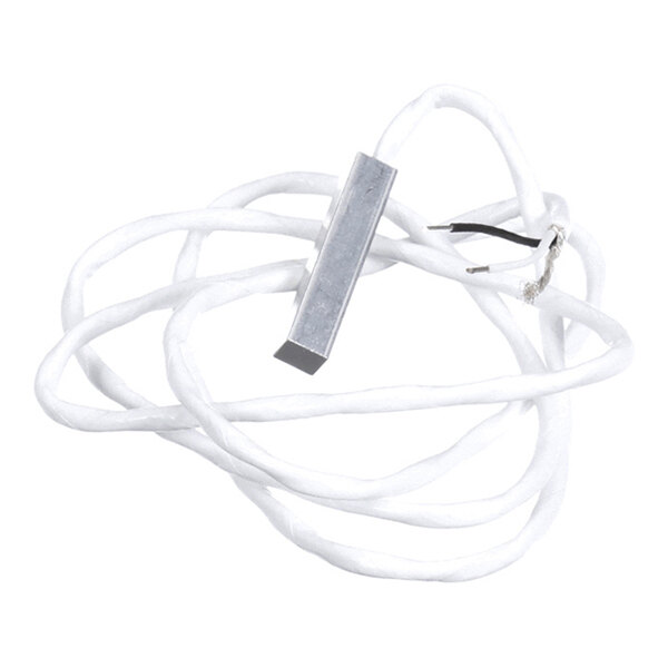 A white insulated wire with a rectangular metallic sensor at one end and exposed wires at the other end.