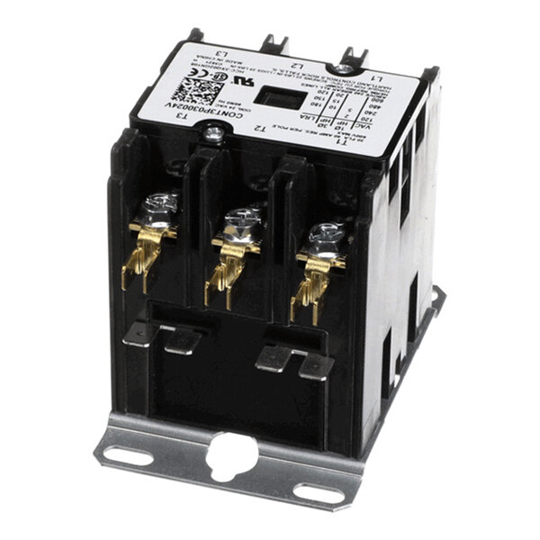 A three-pole electrical contactor with screw terminals and a metal mounting base.