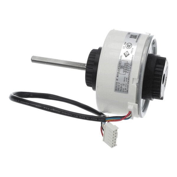 A cylindrical electric motor with a protruding metal shaft, attached wiring, and a connector plug.