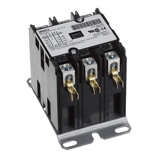 A three-pole electrical contactor with screw terminals and a metal mounting base, labeled with technical specifications on top.