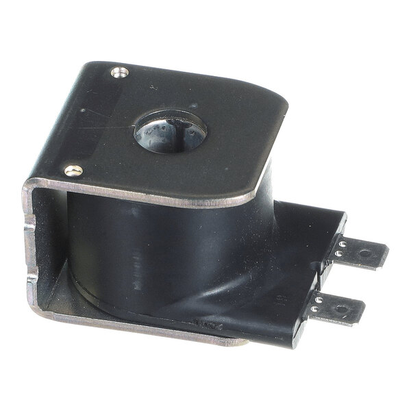 A black and metallic solenoid coil with two electrical terminals and a central circular opening.