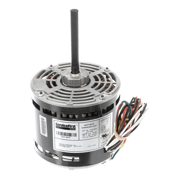 A cylindrical electric motor with a central shaft, ventilation openings, and a bundle of multicolored wires attached to the side.