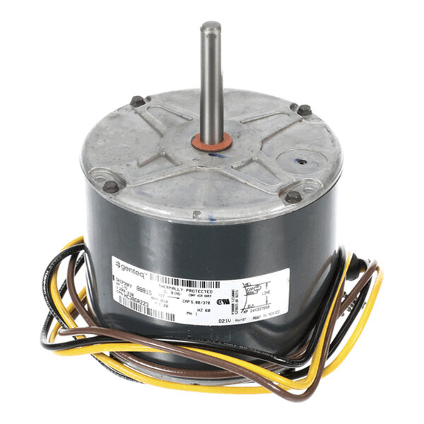 A cylindrical electric motor with a central shaft, four mounting bolts on top, and several colored wires extending from the base.