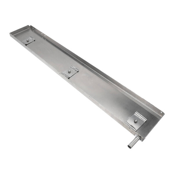 A rectangular metallic tray with raised edges, three mounting brackets, and a pipe outlet on one end.