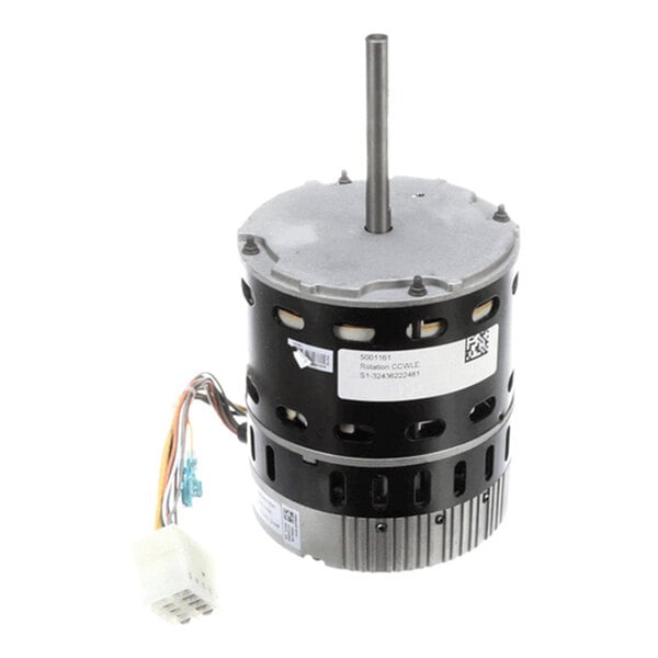 A cylindrical electric motor with a central shaft, multiple ventilation slots, attached wires, and a white connector.