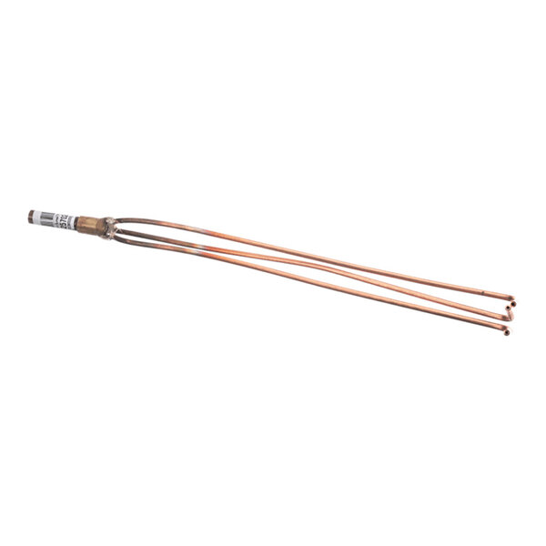 A metal component with a cylindrical base and three long, thin copper tubes extending from it.