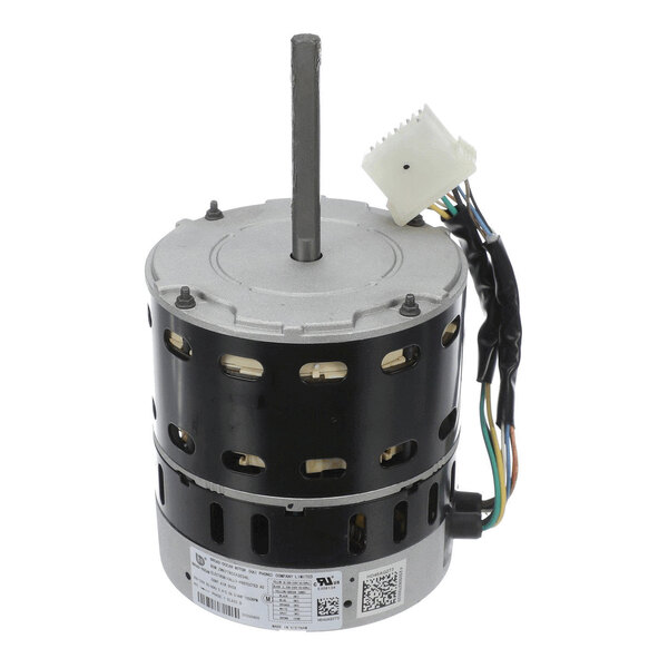 A cylindrical electric motor with a central shaft, multiple ventilation slots, and a bundle of colored wires ending in a white connector.
