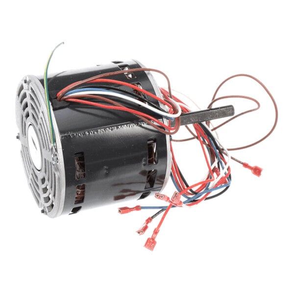 A cylindrical electric motor with multiple colored wires extending from one end and a vented metal cover on the other.