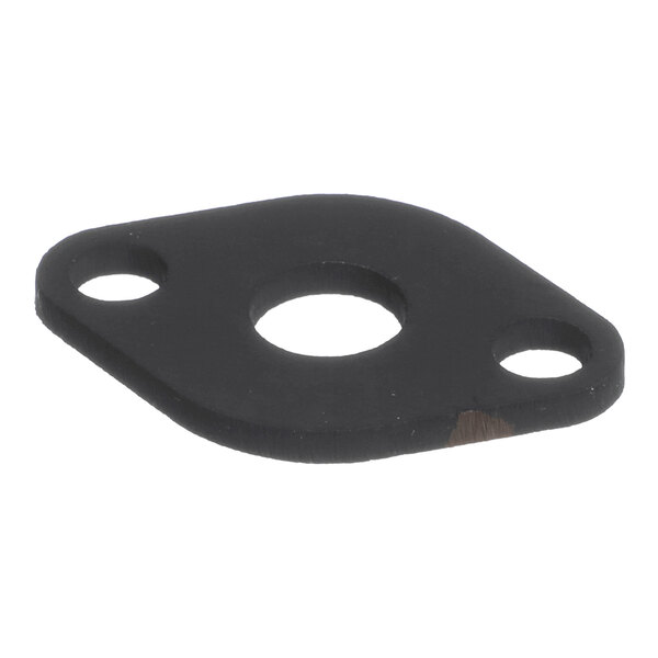 A flat, black, irregularly shaped gasket with three holes, including one large central hole and two smaller holes on either side.