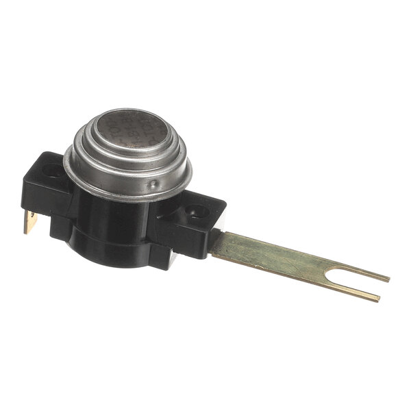A small electronic component with a round metallic top, black plastic base, and a flat metal extension with a forked end.