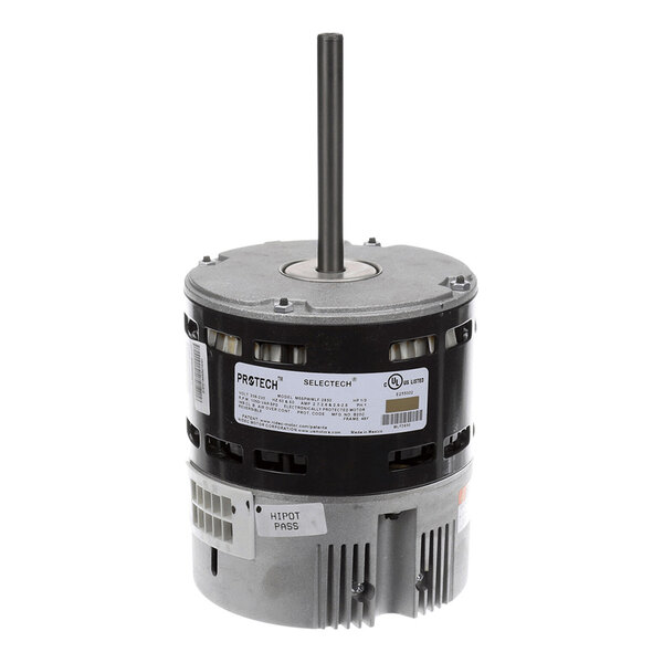 A cylindrical electric motor with a central shaft, visible vents, and product labels on its body.