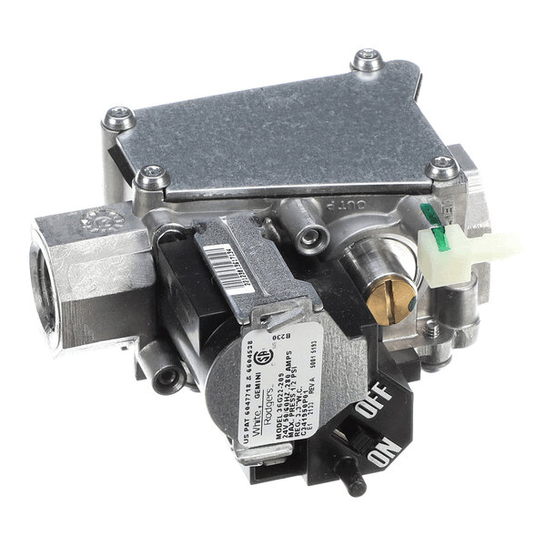 A metallic gas control valve assembly with a labeled on/off switch, barbed fitting, and various connectors.