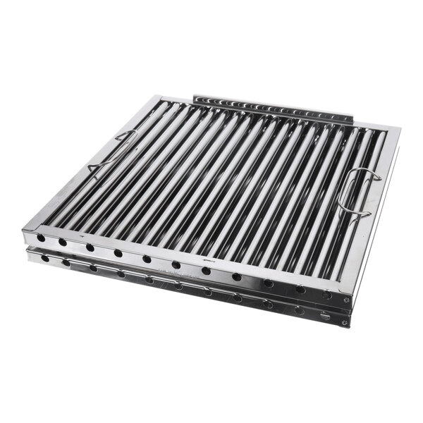 A square stainless steel filter with parallel cylindrical rods, side handles, and a perforated frame.