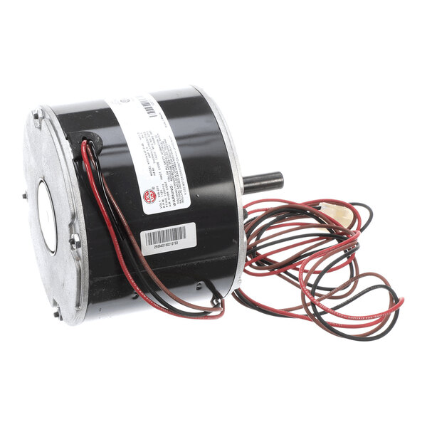 A cylindrical electric motor with a black housing, protruding shaft, and several attached red and black wires.