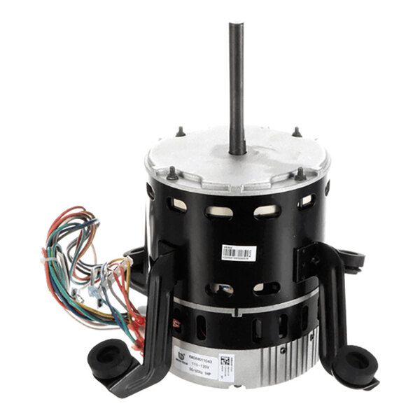 A cylindrical electric motor with a central shaft, multiple colored wires, and mounting brackets visible.