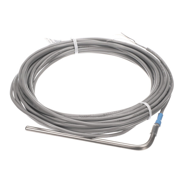 A coiled gray cable with a metal probe at one end, featuring a right-angle bend.