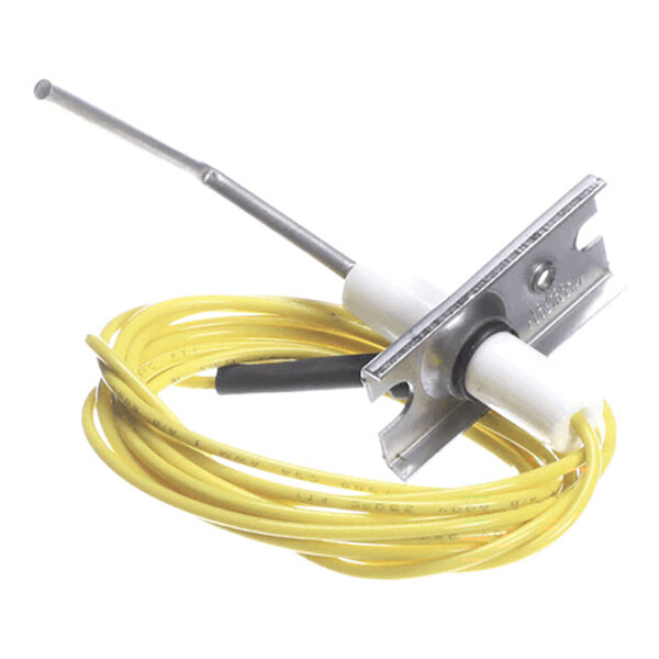 A metal rod attached to a ceramic insulator with a yellow wire coiled around it and a metal mounting bracket.