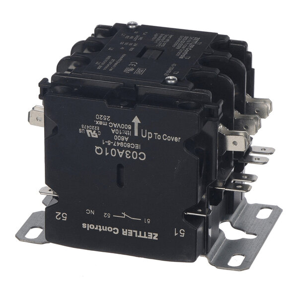 A black, box-shaped electrical contactor with multiple metal terminals and mounting brackets.
